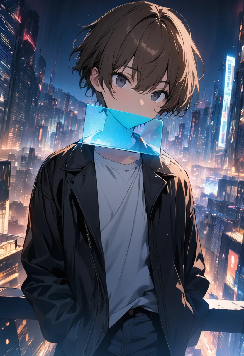 (BEST QUALITY), (MASTERPIECE), illustration, Extremely_detail, 4k wallpaper , midnight, man, black jacket, white T-shirt, black jeans, 18 years old , brown Hair, short hair, black eyes, , blue holographic float infront of the face, smart, Background of the city
