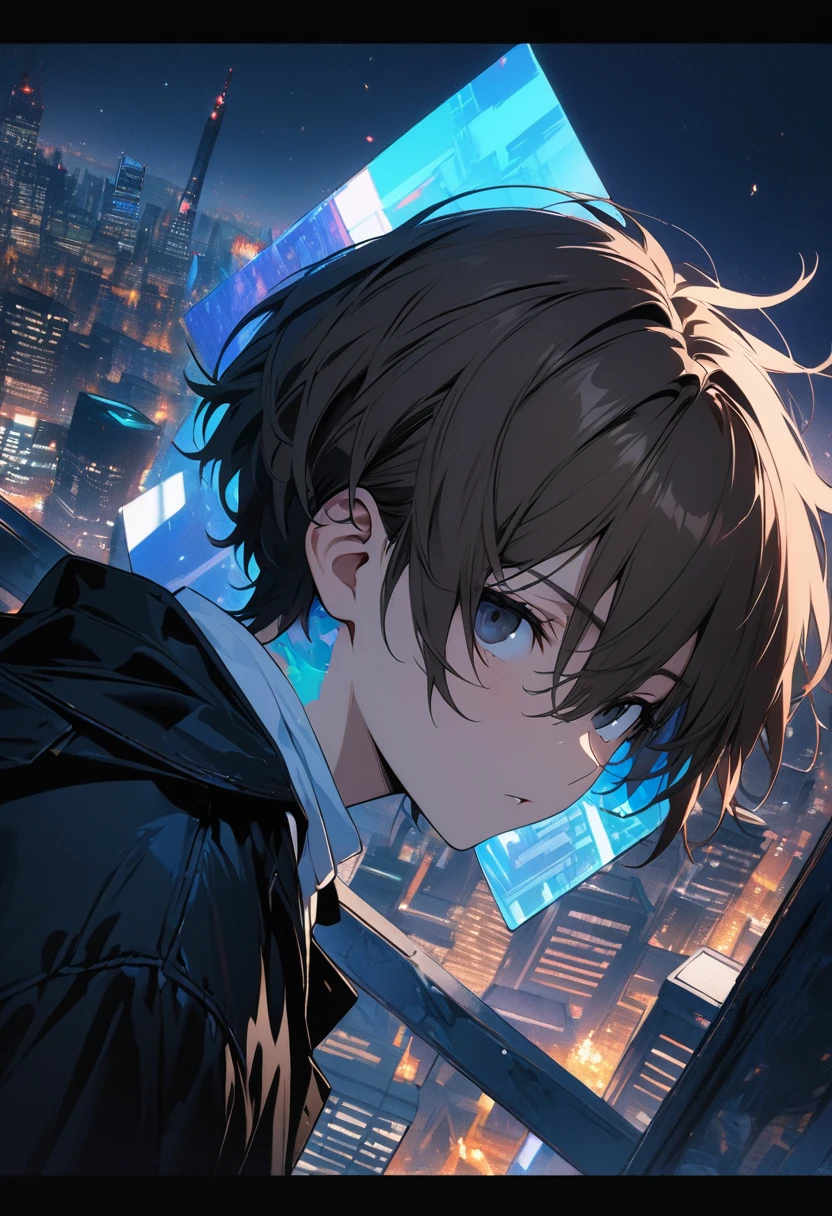 (BEST QUALITY), (MASTERPIECE), illustration, Extremely_detail, 4k wallpaper , midnight, man, black jacket, white T-shirt, black jeans, 18 years old , brown Hair, short hair, black eyes, , blue holographic float infront of the face, smart, Background of the city