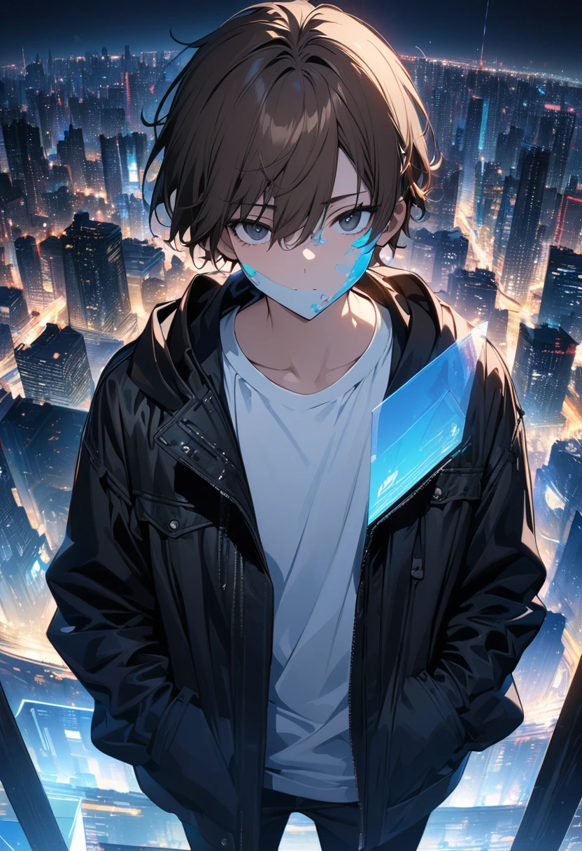 (BEST QUALITY), (MASTERPIECE), illustration, Extremely_detail, 4k wallpaper , midnight, man, black jacket, white T-shirt, black jeans, 18 years old , brown Hair, short hair, black eyes, , blue holographic float infront of the face, smart, Background of the city