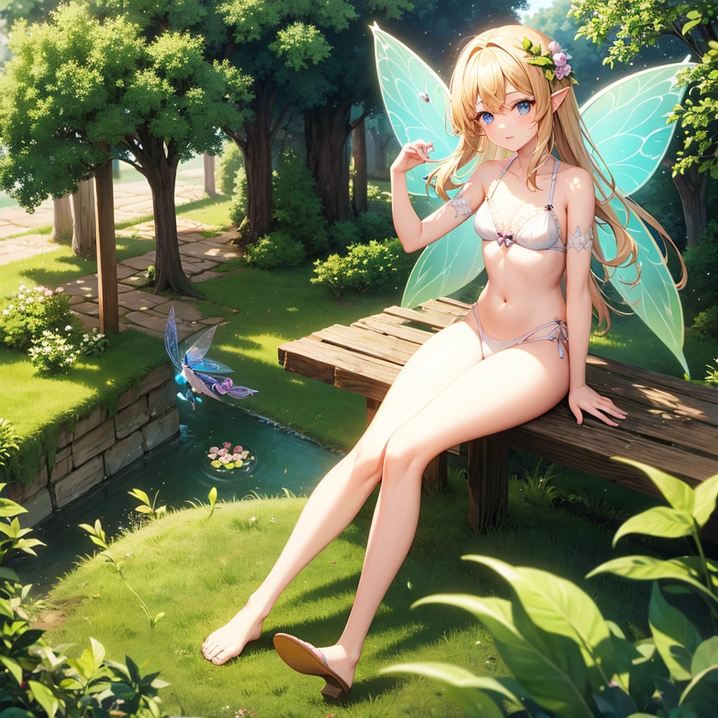 fullnuse, ( Absurd, High quality, ultra-detailed, masterpiece, concept art, smooth, highly detailed artwork, hyper-realistic painting ) , young, tiny , allured, cute, whole body, Romantic, Vivid, dreamy, fantasy, (no bra), fairy wings, in the forest, enchanting glow, very detailed art, no panties, perky niples, charming smile,  love, transparent negligee, blonde , young girl, (small breasts:1.3), (skinny girl), stylish fairy city, no panties