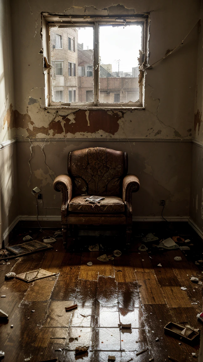 Abandoned living room, walls peeling with moho, broken and worn furniture, sofas with torn upholstery and dried blood stains, windows with frayed curtains, ground covered in dust and debris, fallen and broken paintings, a flickering floor lamp in a corner