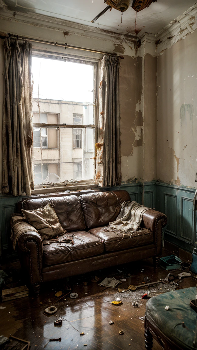 Abandoned living room, walls peeling with moho, broken and worn furniture, sofas with torn upholstery and dried blood stains, windows with frayed curtains, ground covered in dust and debris, fallen and broken paintings, a flickering floor lamp in a corner