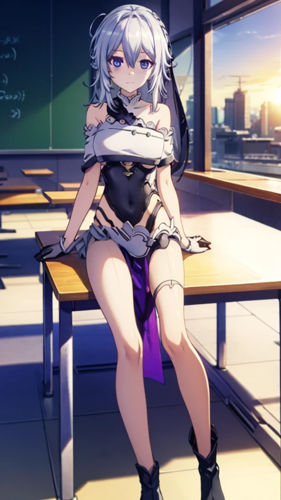 Sit at a desk，classroom，sunset，High leg，leotard，boots，high resolution，Overall image，