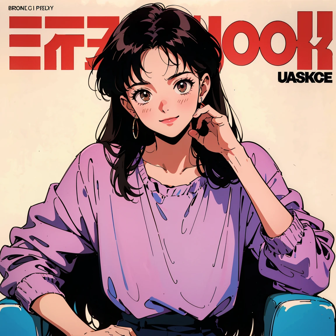 Best image quality, 1980s style animation, 21 year old girl, black hair, long hair, light brown eyes, Slightly darker skin tone, one piece, white background, magazine cover, whole body , sit on a chair , posing, Smiling broadly, So pretty, sexy face, whole body