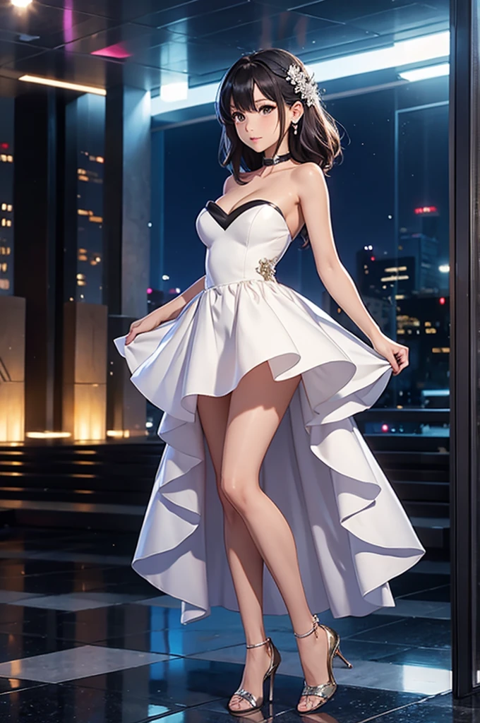 a standing woman. yaoyorozu momo, white cocktail dress, short dress, strapless, medium breasts, front, showing underwear, raised dress, red lace thong, spread lehmgs, medium glutes, whole body, perfect body, perfect legs, perfect arms, perfect hands, perfect feet, Masterpiece, Super High Resolution, evening, lobby, pose sexy, view from the ground