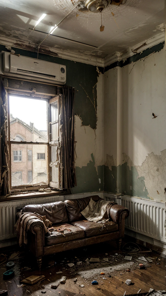 Abandoned living room, walls peeling with moho, broken and worn furniture, sofas with torn upholstery and dried blood stains, windows with frayed curtains, ground covered in dust and debris, fallen and broken paintings, a flickering floor lamp in a corner