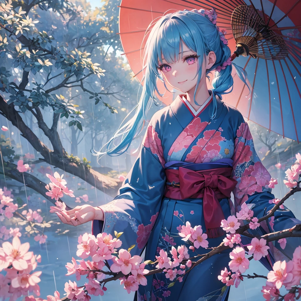 sky Blue hair, (braided ponytail),(pink eyes),fair skin ,(full body),(1 girl),smile,Straight Bangs,(masterpiece, best quality, ultra-detailed, best shadow), (detailed background), (beautiful detailed face), high contrast, (best illumination, an extremely delicate and beautiful), ((cinematic light)), colorful, hyper detail, dramatic light, intricate details,rain shower,kyoto,Japanese Umbrella,kimono,