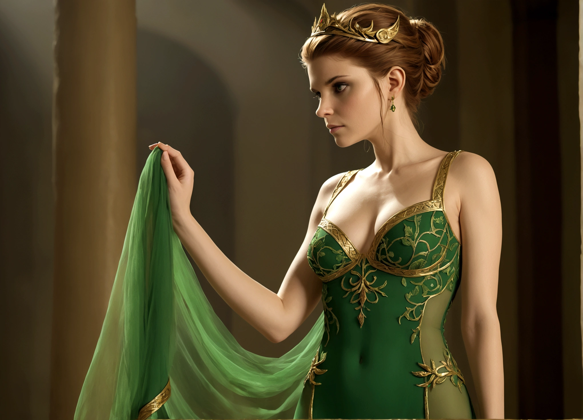 The Damsel in Distress (Kate Mara 25, sheer green dress gold trim, nude underneath) Damsel is flattering the dragon in its lair. Damsel is scratching Dragon's head to calm it