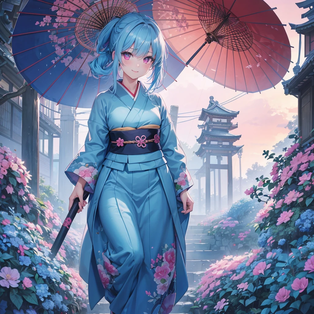 sky Blue hair, (braided ponytail),(pink eyes),fair skin ,(full body),(1 girl),smile,Straight Bangs,(masterpiece, best quality, ultra-detailed, best shadow), (detailed background), (beautiful detailed face), high contrast, (best illumination, an extremely delicate and beautiful), ((cinematic light)), colorful, hyper detail, dramatic light, intricate details,rain shower,kyoto,Japanese Umbrella,kimono,