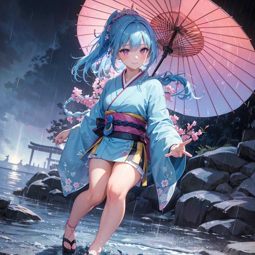 sky Blue hair, (braided ponytail),(pink eyes),fair skin ,(full body),(1 girl),smile,Straight Bangs,(masterpiece, best quality, ultra-detailed, best shadow), (detailed background), (beautiful detailed face), high contrast, (best illumination, an extremely delicate and beautiful), ((cinematic light)), colorful, hyper detail, dramatic light, intricate details,rain shower,kyoto,Japanese Umbrella,kimono,