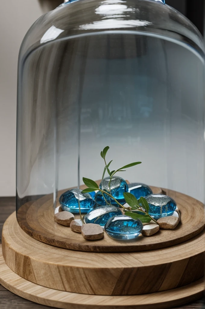couronne elfique avec des cristaux translucides bleutées sous une cloche en verre
