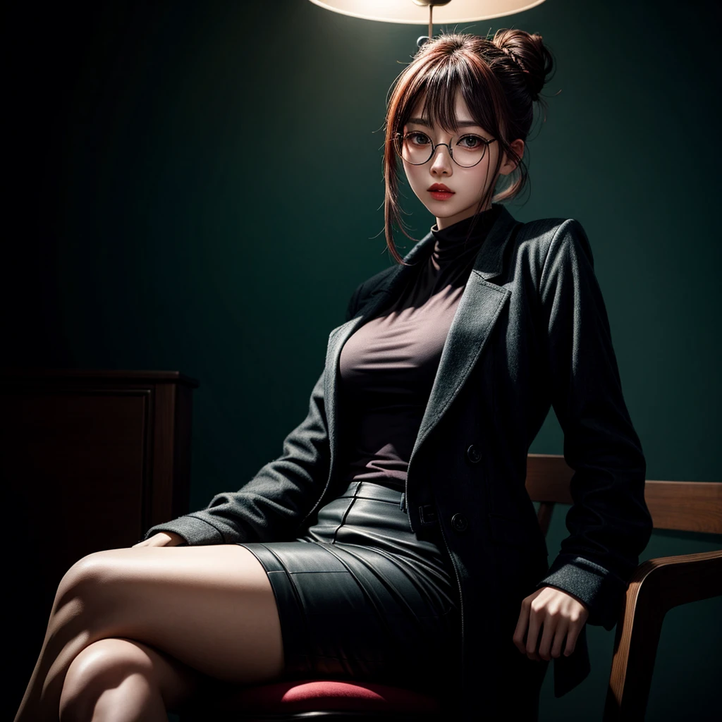 Korean with a lot of style, elegant, punk style, black round glasses, long hair tied in a bun, sitting on a chair in the dark, dynamic point of view, best quality, best color, very realistic, very detailed, dark clothes, character very charismatic