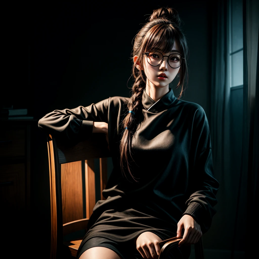 Korean with a lot of style, elegant, punk style, black round glasses, long hair tied in a bun, sitting on a chair in the dark, dynamic point of view, best quality, best color, very realistic, very detailed, dark clothes, character very charismatic