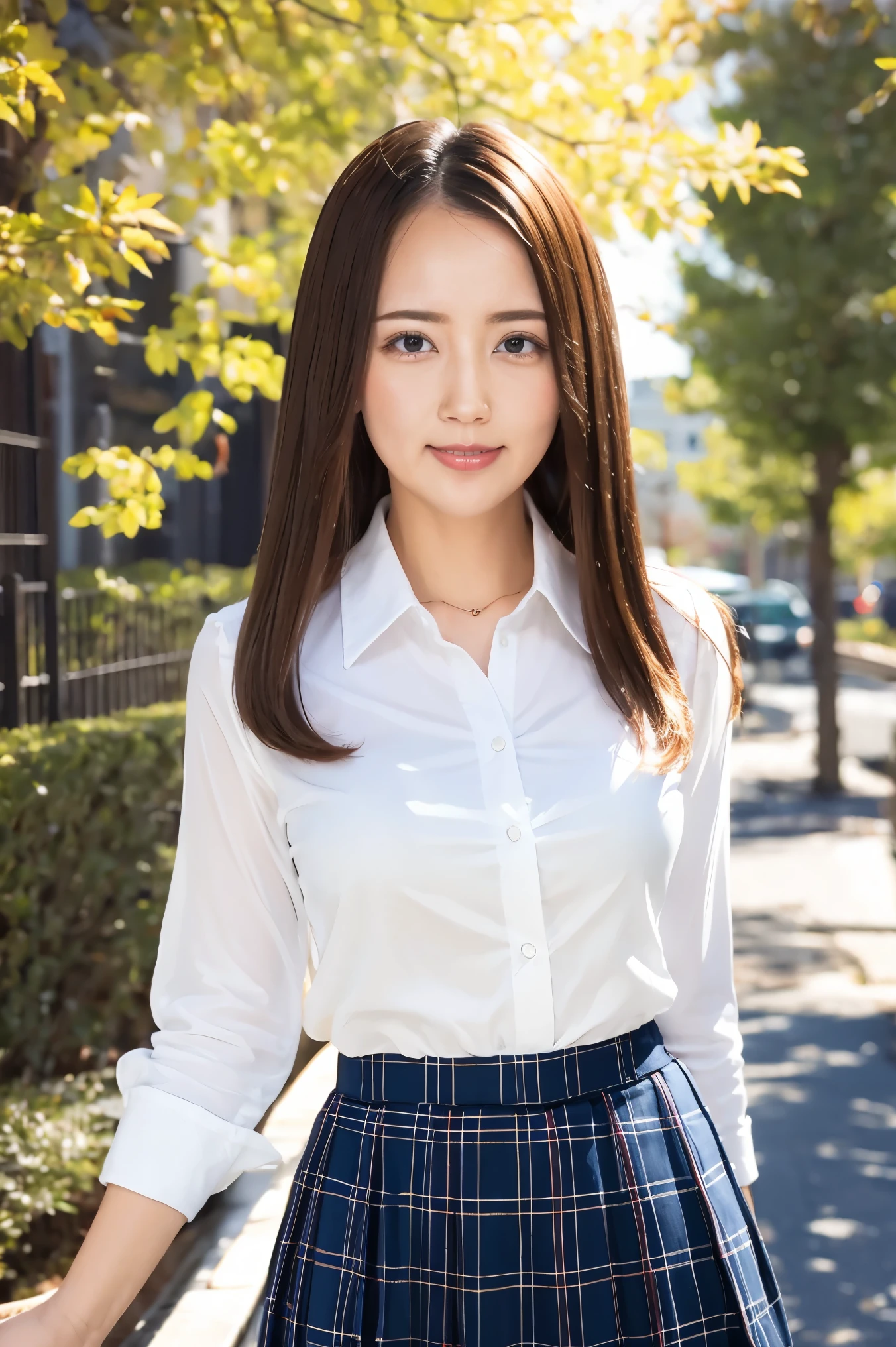 (Highest quality、Tabletop、8K、Best image quality、Award-winning works)、Cute school girl、(White polyester collared shirt:1.1)、(Navy Pleated Skirt:1.1)、Girl portrait photography、Glowing Skin、Brown Hair、Standing Elegantly、(The simplest pure white background:1.1)、(Big Breasts:1.1)、(Accentuate your body lines:1.1)