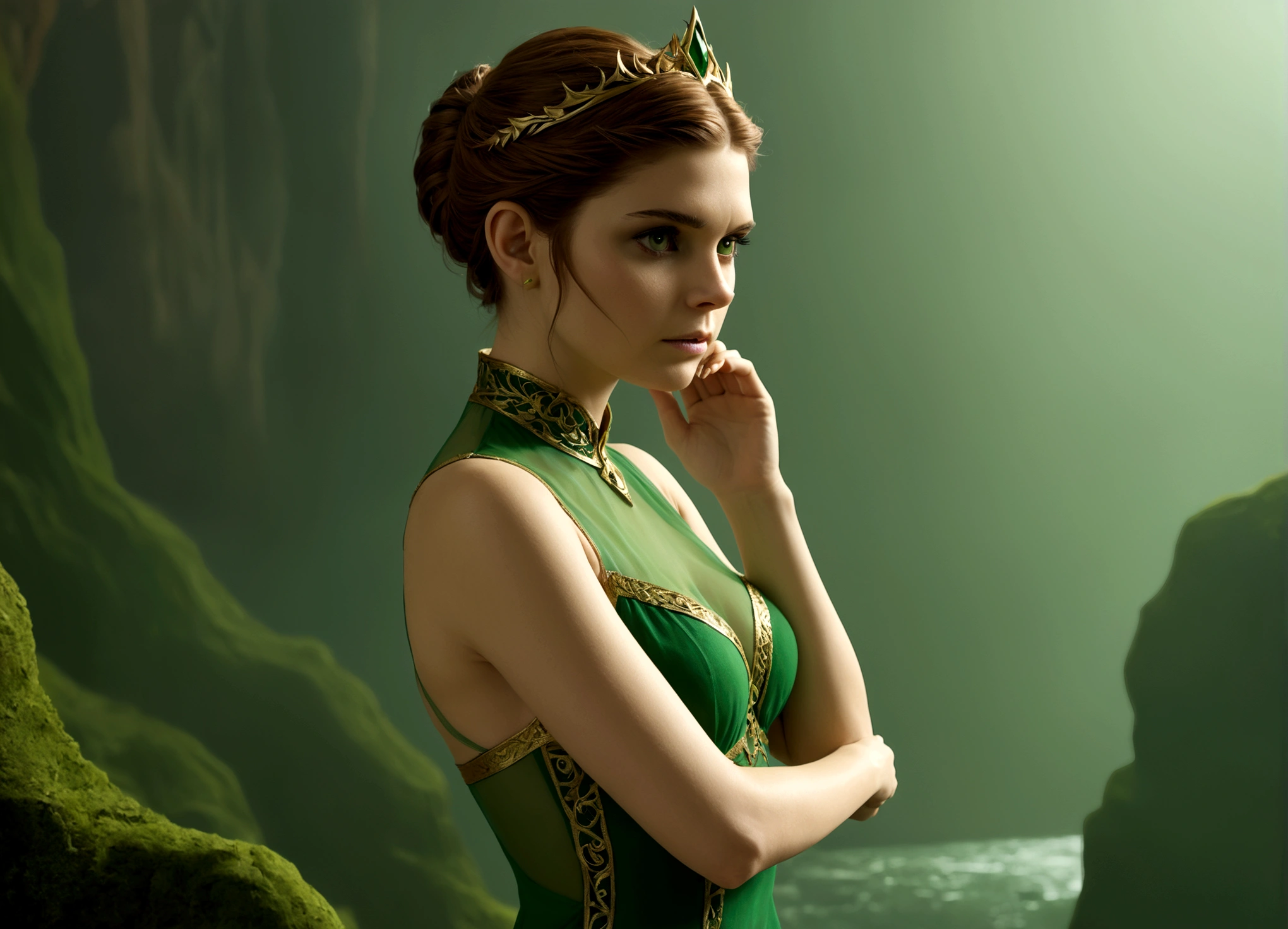 The Damsel in Distress (Kate Mara 25, sheer green dress gold trim, nude underneath) Damsel is flattering the dragon in its lair. Damsel is scratching Dragon's head to calm it