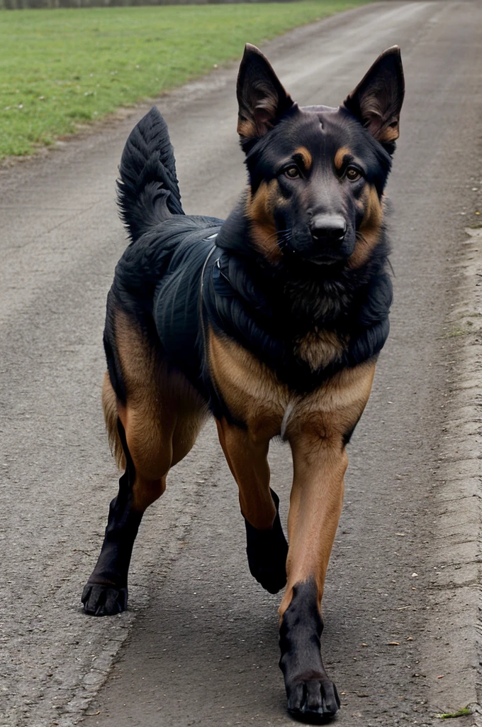 Dark colour running German shepherd side gait