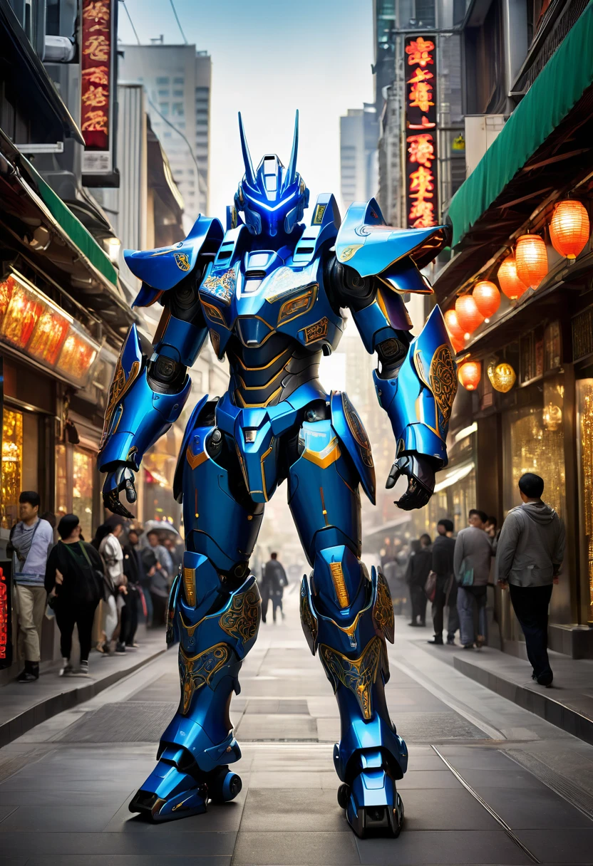 Create an image of a heavily armored warrior piloting a futuristic mecha suit. This mecha suit transforms the warrior into a centaur-like figure, with the upper body encased in sleek, technologically advanced armor and the lower body resembling a powerful, robotic horse. The warrior's armor is adorned with intricate designs inspired by Italian and Mediterranean motifs. The scene is set in a busy, modern cityscape, highlighting the warrior's active and dynamic lifestyle. His stance is powerful, yet he shows signs of strain, with subtle details hinting at pain in his ankles and legs. The city around him is vibrant, filled with the hustle and bustle of daily life, reflecting his role as a protector of his family and community. The overall atmosphere is a blend of ancient warrior spirit and cutting-edge technology.