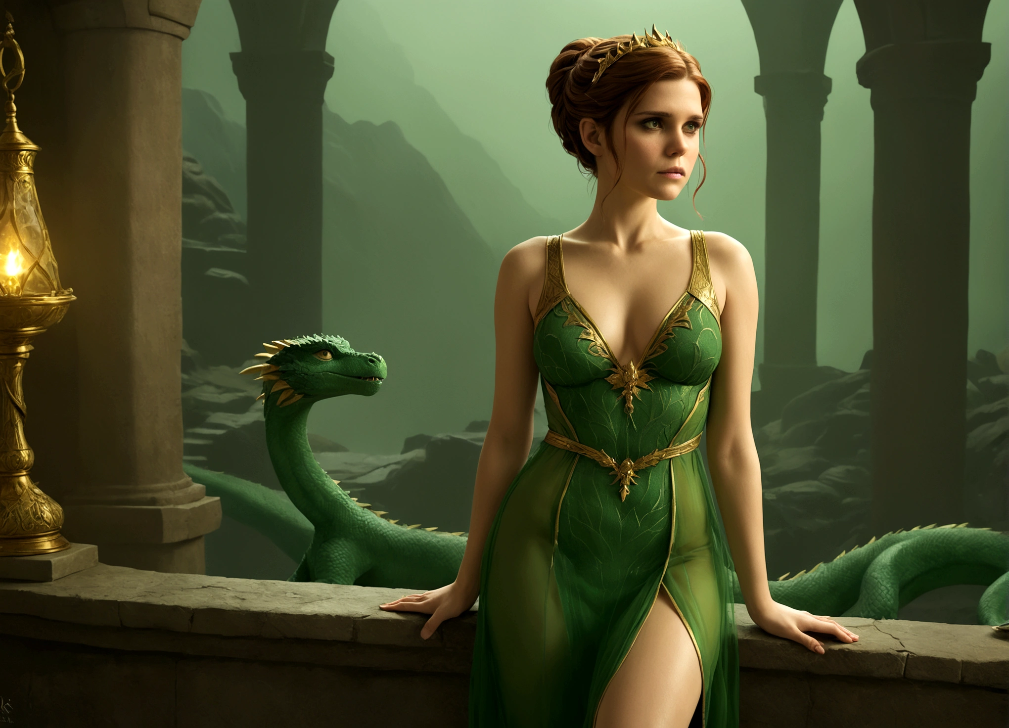 The Damsel in Distress (Kate Mara 25, sheer green dress gold trim, nude underneath) Damsel is flattering the dragon in its lair. Damsel is scratching Dragon's head to calm it