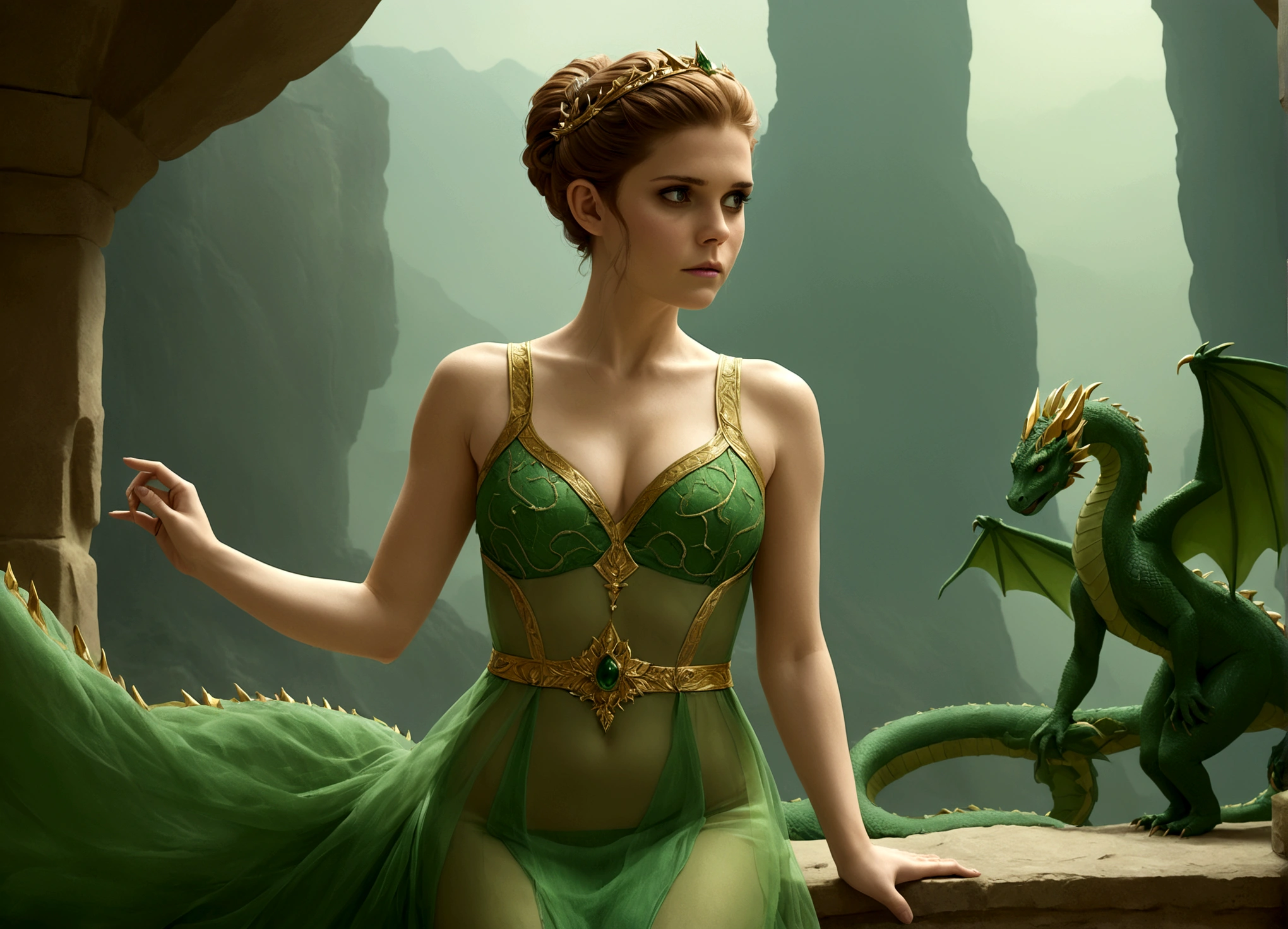 The Damsel in Distress (Kate Mara 25, sheer green dress gold trim, nude underneath) Damsel is flattering the dragon in its lair. Damsel is scratching Dragon's head to calm it
