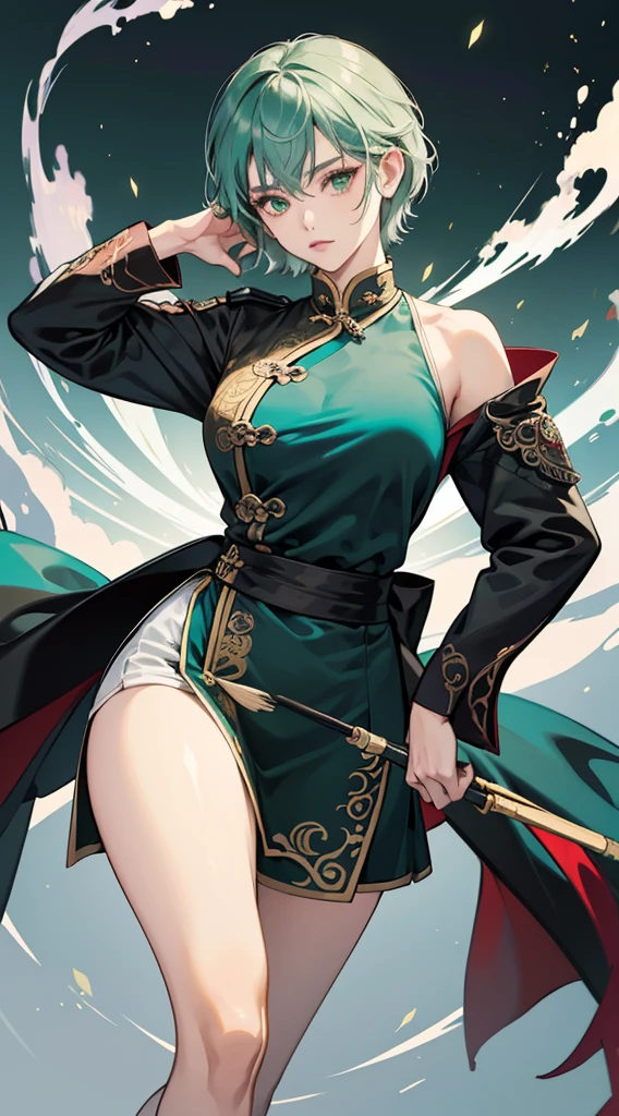 Masterpiece, Best quality, 1 Female, Mature Woman, Elder Sister, Royal Sister, Cold Face, serious, strong, green eyes, short hair, smoky color hair, resolute eyes, simple white Taoist Taoist uniform, black accessories, sarashi, one shoulderancient, Chinese mix morden, blank background, remove background, animesque, illustratio