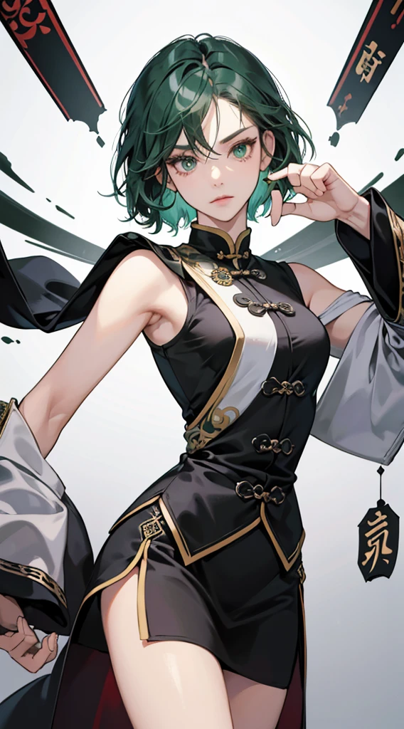 Masterpiece, Best quality, 1 Female, Mature Woman, Elder Sister, Royal Sister, Cold Face, serious, strong, green eyes, short hair, smoky color hair, resolute eyes, simple white Taoist Taoist uniform, black accessories, sarashi, one shoulderancient, Chinese mix morden, blank background, remove background, animesque, illustratio