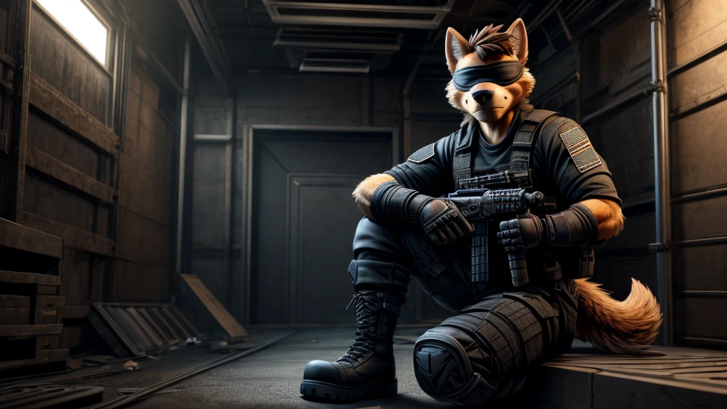 Chase from Paw Patrol, male shepherd, anthro, brown hair, blindfold, black shirt, black cargo pants, black boots, elbow pads, knee pads, tactical gloves, tall, serious, detailed, solo, beautiful, high quality, 4K