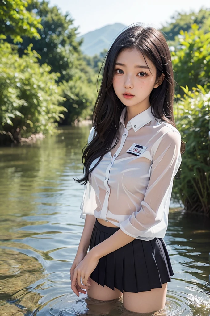 NSFW,Girl playing in the river,high school student,Japanese,((See-through shirt, uniform),, black hair ,no good,medium breast,
