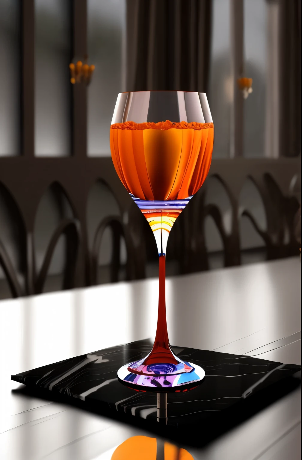 surreal glass shape, liquid glass, chromatic aberration, broken prism, refraction, light caustics, detailed illustration , oranges on a white marble table, deep purple velvet drapes, 8k, photography style,2 glasses with orange bioluminescent fluid in them, on a white marble table, bioluminescent, colorfull, glow,