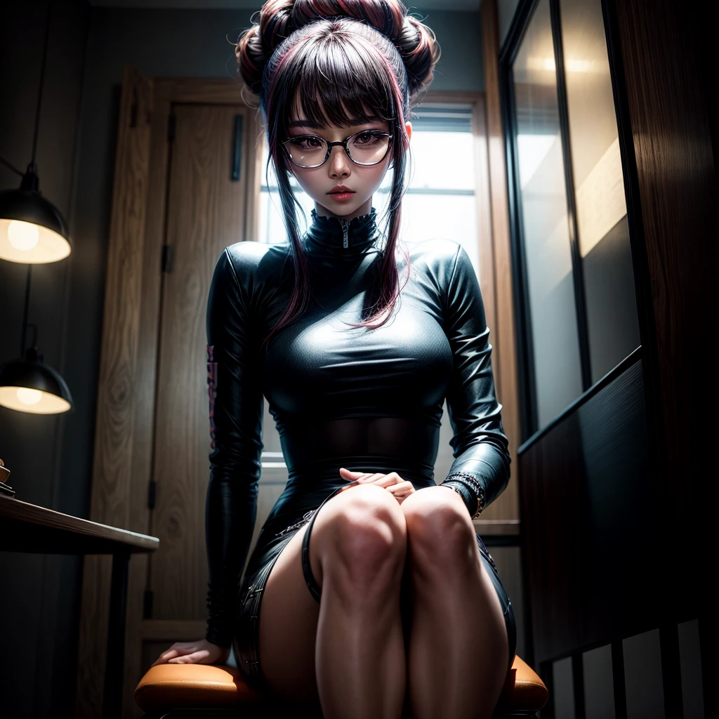 Korean with a lot of style, elegant, punk style, black round glasses, long hair tied in a bun, sitting on a chair in the dark, dynamic point of view, best quality, best color, very realistic, very detailed, dark clothes, character very charismatic