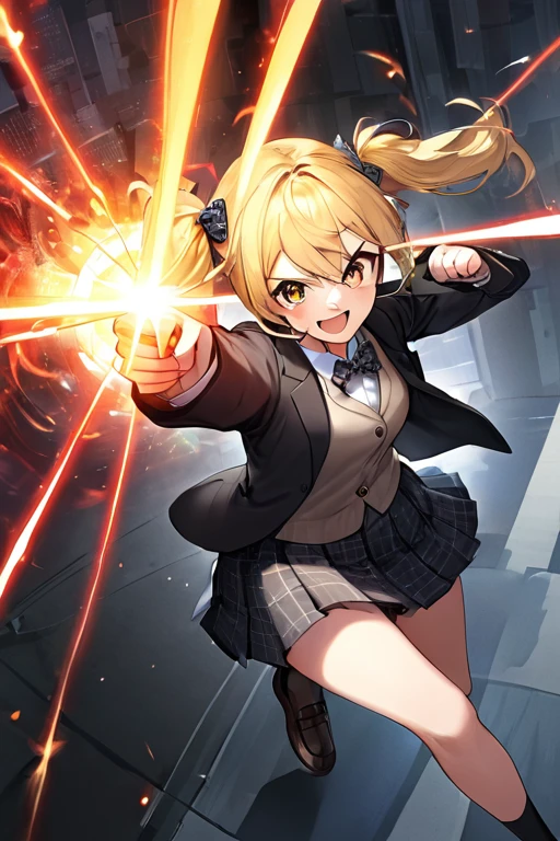 absurdres, absolutely resolution, incredibly absurdres, highres, ultra detailed, official art, unity 8k wallpaper,
BREAK
1 girl, soro, twintails, long hair, blonde hair, bow, blazer, plaid skirt, over black legwear, loafers, smile,
BlazerCardigan,
BREAK
v-shaped eyebrows, (serious, shouting:1.2),
BREAK
fighting stance, dynamic pose, beam, laser, glowing eyes, eye beam, energy, from above, (from side:0.8),