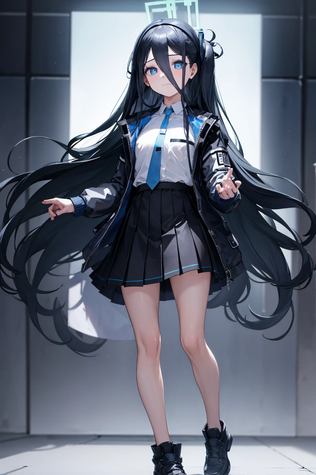 best quality, masterpiece, highres, solo, (arisu_bluearchive:1.10), 1girl, black skirt, blue necktie, collared shirt, long sleeves, dead eyes, open jacket, pleated skirt, smile, white jacket, white shirt, closed mouth, simple background, white background, standing, 2, look of despair, expressionless, dead eyes, cold eyes, suffer, unlit eye, end, hopeless, full body illustration