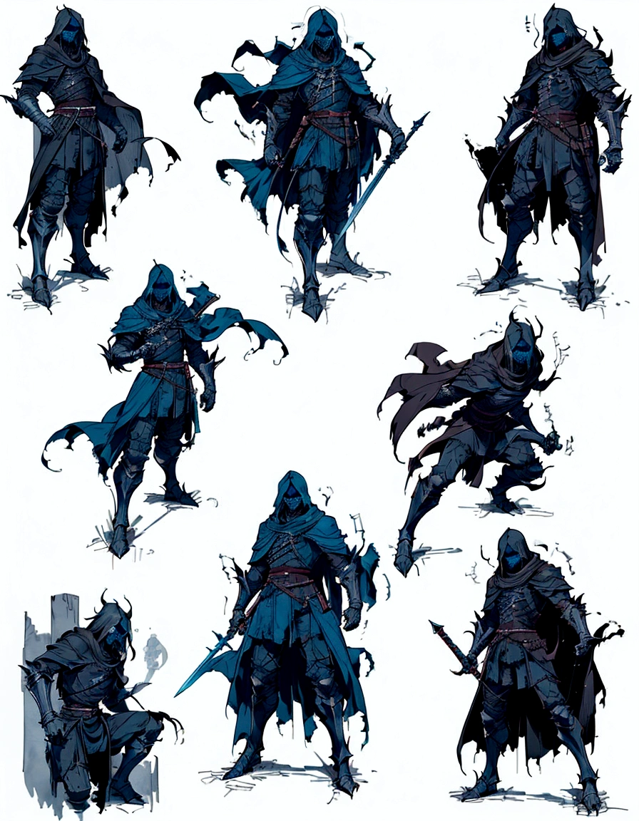 a group of different poses of a man with a sword, various action poses, 8k character concept art, 8 k character concept art, dark robes, cinematic character concept art, various poses, black robes, full body action concept art, dark figurings, dark souls concept art, concept character art, character concept explorations, rpg character concept art, character concept reference art