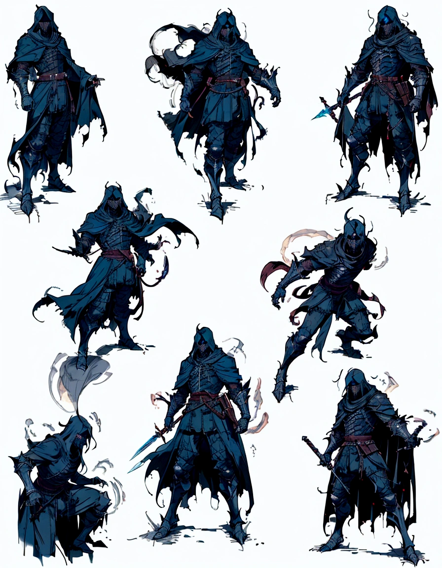 a group of different poses of a man with a sword, various action poses, 8k character concept art, 8 k character concept art, dark robes, cinematic character concept art, various poses, black robes, full body action concept art, dark figurings, dark souls concept art, concept character art, character concept explorations, rpg character concept art, character concept reference art