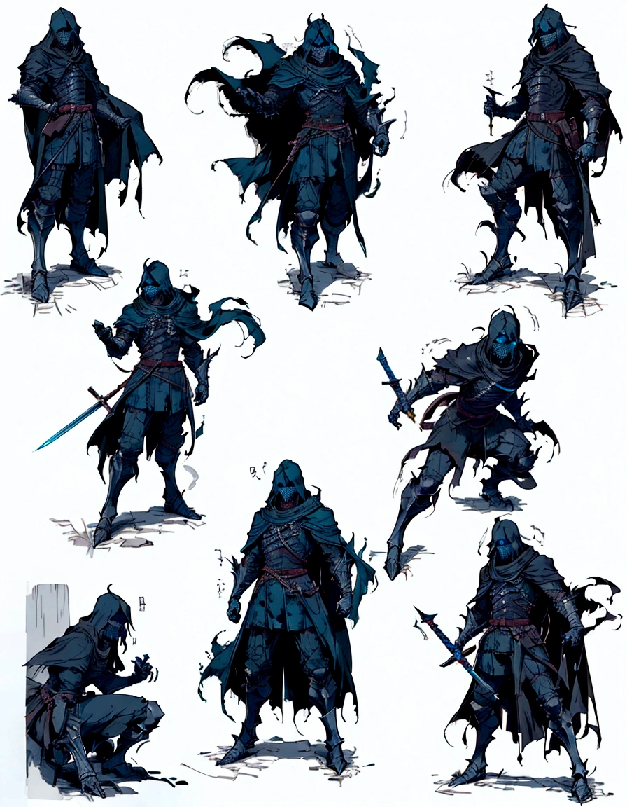 a group of different poses of a man with a sword, various action poses, 8k character concept art, 8 k character concept art, dark robes, cinematic character concept art, various poses, black robes, full body action concept art, dark figurings, dark souls concept art, concept character art, character concept explorations, rpg character concept art, character concept reference art