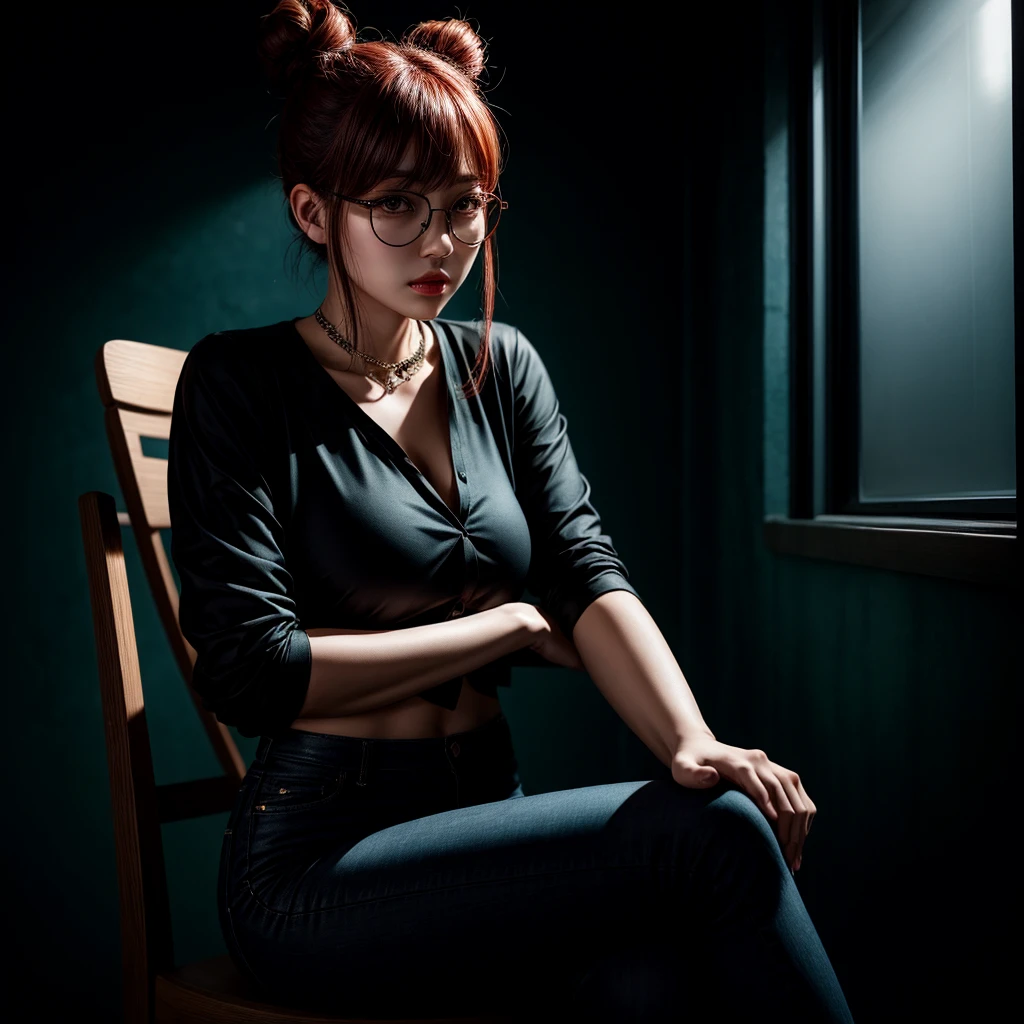 Korean with a lot of style, elegant, punk style, black round glasses, long hair tied in a bun, sitting on a chair in the dark, dynamic point of view, best quality, best color, very realistic, very detailed, dark clothes, character very charismatic