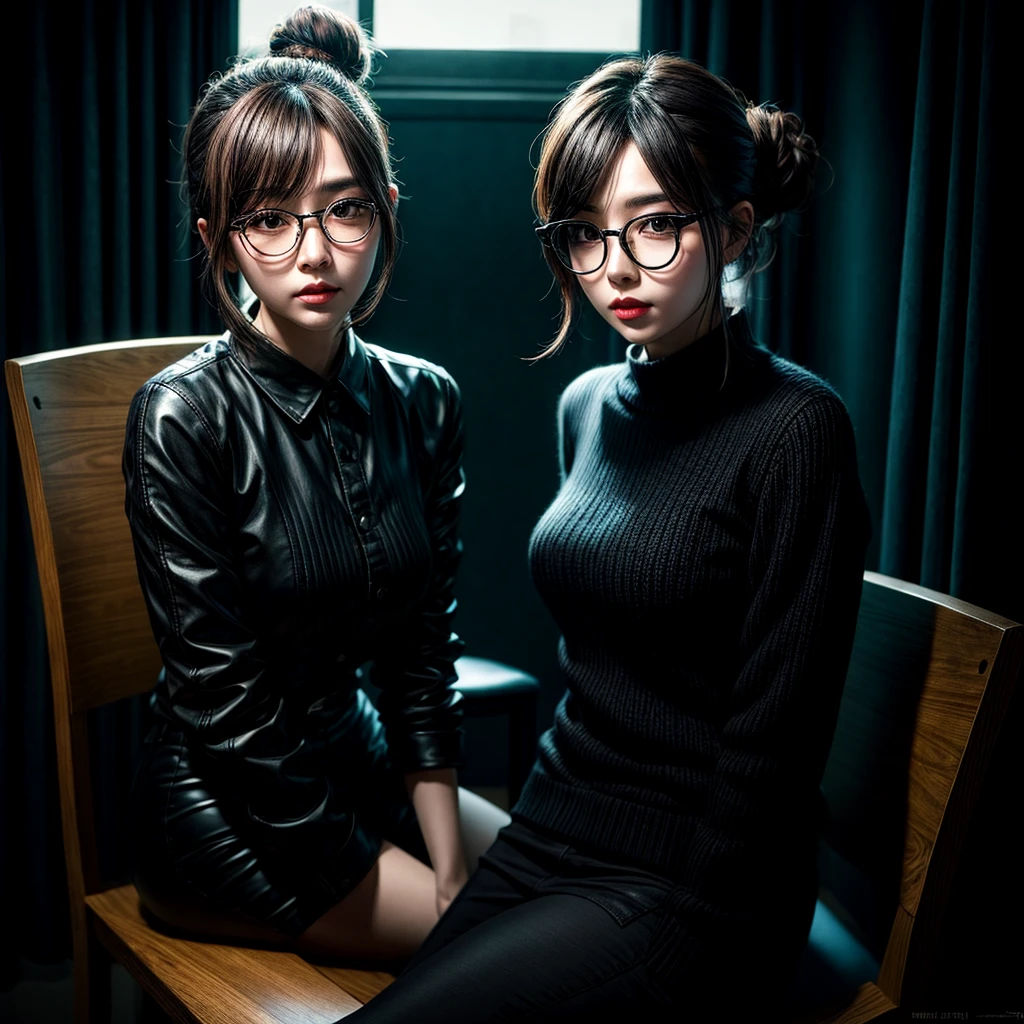 two sexy women in businesswomen outfits, looking at camera, closed eyes. happy opened mouths moaning, dark skin, office outfits, chokers, portrait, short curly white hair, glasses, close up faces portrait, both waiting for their 4 years old boyfriend to join them in bed