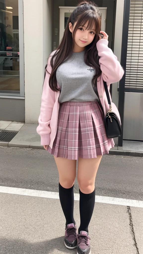 Japanese、18-year-old high school girl、Grey school sweater、Pink checked mini skirt、whole body、Thick thighs