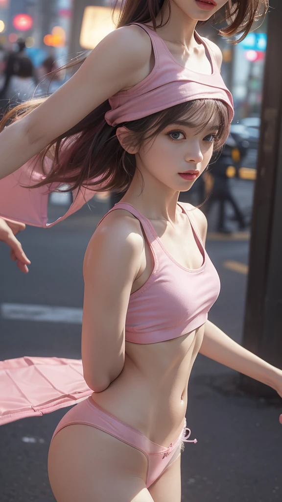 ((Realistic lighting, Best quality, 8K, Masterpiece: 1.3)), Clear focus: 1.2, 1 girl, Perfect Figure: 1.4, Slim Abs: 1.1, See through, tight clothing, ((Japanese)), (panties: 1.4), (Pink crop top: 1.4), (Outdoor, Night: 1.1), City streets, Super fine face, Fine eyes, Double eyelids,