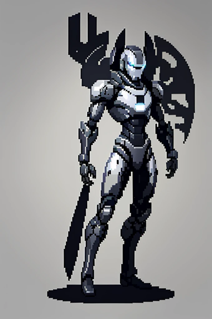 white background, ultra detailed, game protagonist, pixel art, humanoid black and gray slender mecha robot character using a cloak and floating like ironman, from sidescroller game