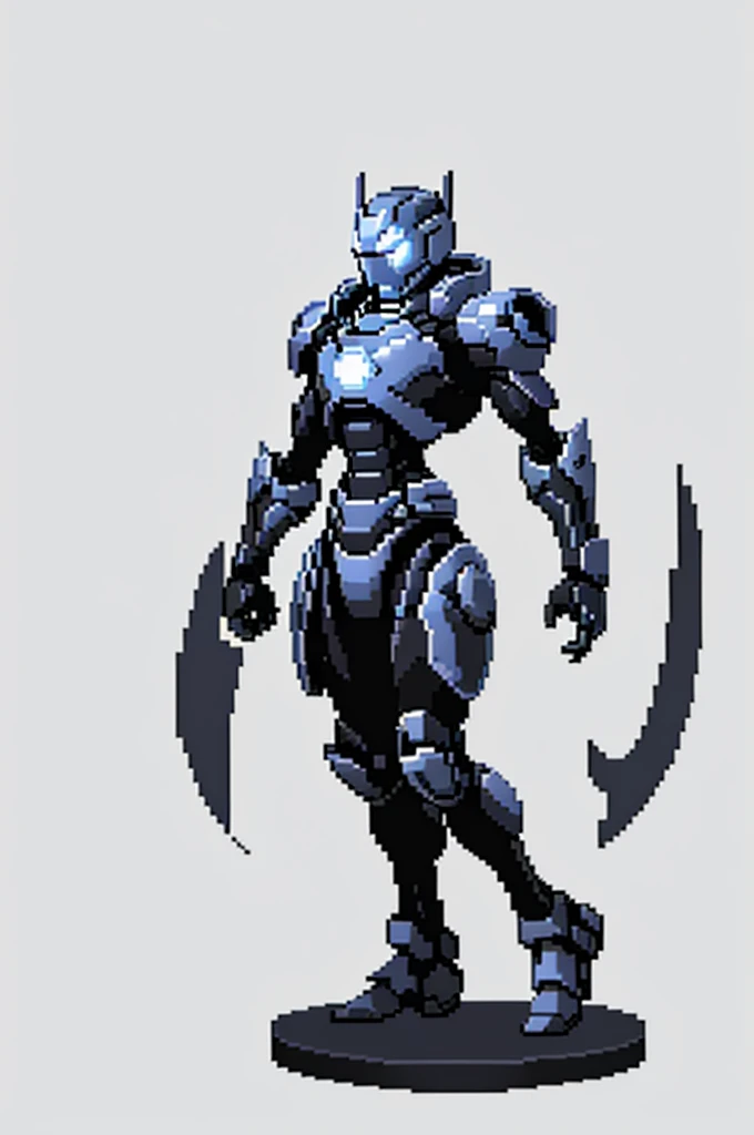 white background, ultra detailed, game protagonist, pixel art, humanoid black and gray slender mecha robot character using a cloak and floating like ironman, from sidescroller game