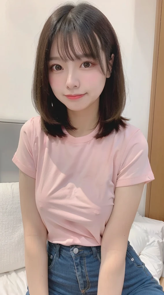 1 female、 Highest quality、 Ultra-high resolution、 (Realistic:1.4)、 blush、 cute、(Detailed face)、 Laughter、Looking into the camera、In town、Tight short-sleeved shirt、Tight pants、Huge breasts、 Accentuate your breasts、Large Breasts、Bobcut、 Straight Hair、Mole in the eye、 Full body portrait、Married women