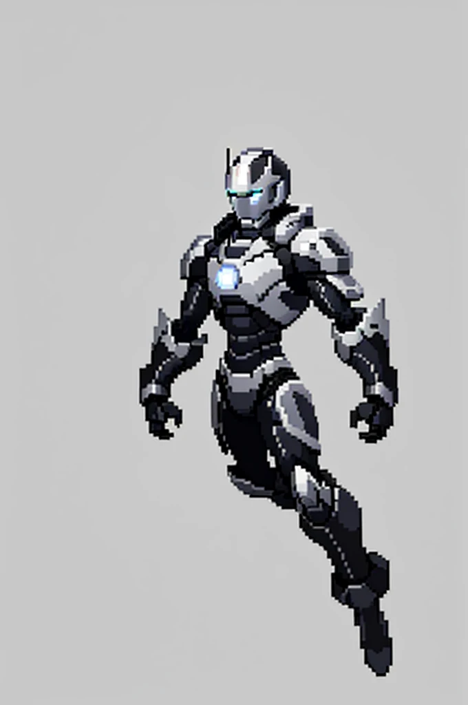 white background, ultra detailed, game protagonist, pixel art, humanoid black and gray slender mecha robot character using a cloak and floating like ironman, from sidescroller game