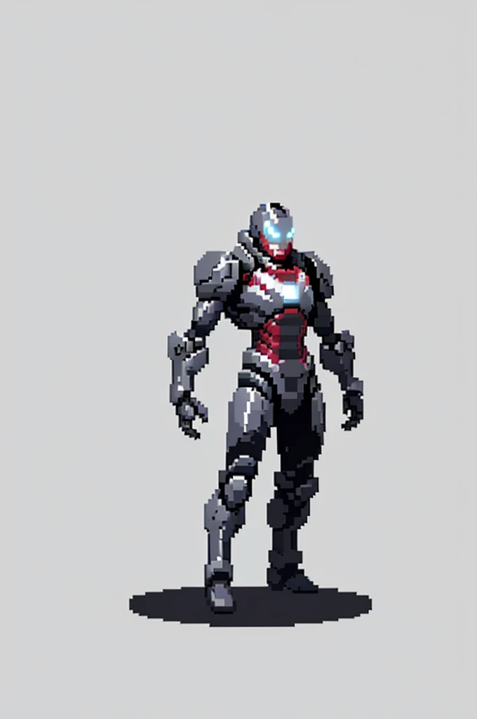 white background, ultra detailed, game protagonist, pixel art, humanoid black and gray slender mecha robot character using a cloak and floating like ironman, from sidescroller game