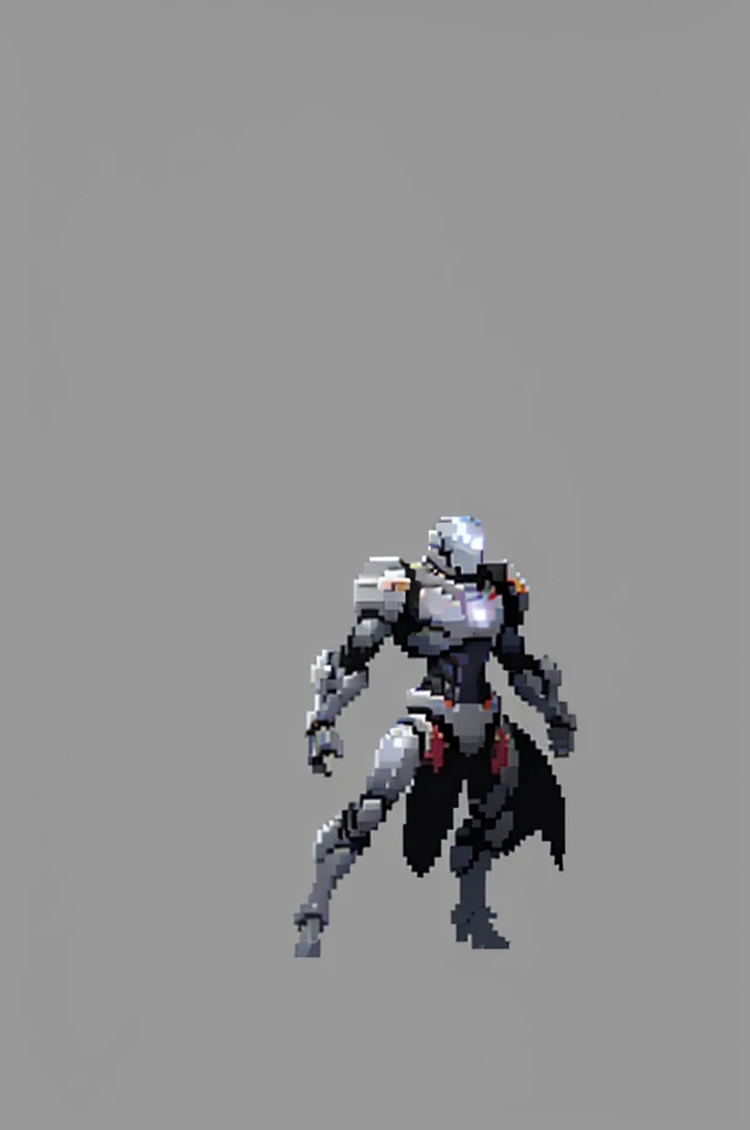 white background, ultra detailed, game protagonist, pixel art, humanoid black and gray slender mecha robot character using a cloak and floating like ironman, from sidescroller game