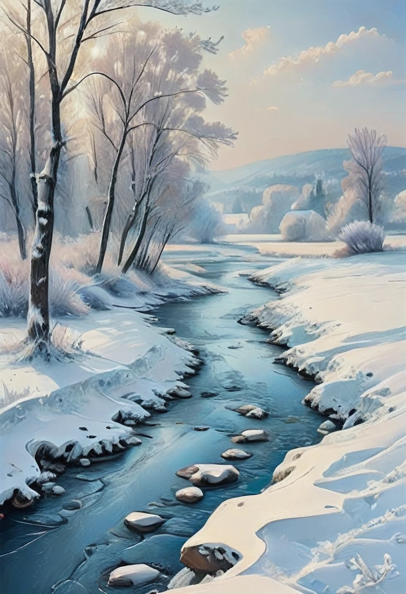 (Masterpiece, Top Quality, Best Quality, Official Art, Beautiful and Aesthetic:1.2), Winter Country Landscapes depict scenes of the countryside in winter, often with snow-covered fields, frozen rivers and barren trees. These paintings have a blue and white color palette and are known for their serene and peaceful atmosphere.