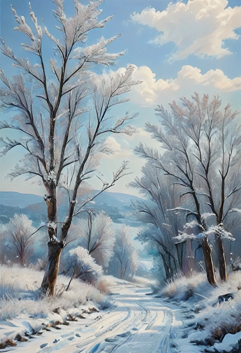 (Masterpiece, Top Quality, Best Quality, Official Art, Beautiful and Aesthetic:1.2), Winter Country Landscapes depict scenes of the countryside in winter, often with snow-covered fields, frozen rivers and barren trees. These paintings have a blue and white color palette and are known for their serene and peaceful atmosphere.