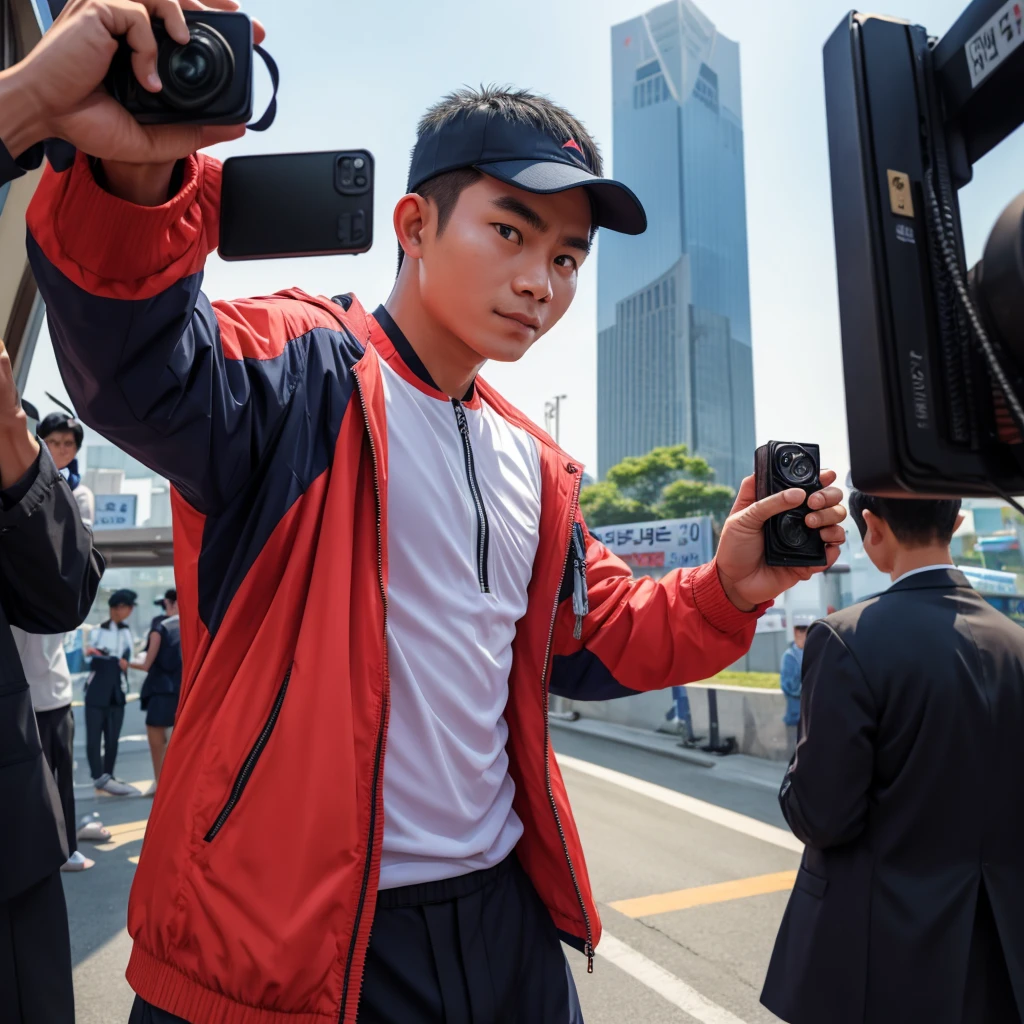 an Indonesian man taking photos in the Korean crowd, wearing a jacket and standing straight facing the camera. The photo was taken from the front position, the background is one of the cities in South Korea, the image looks like it was taken by a professional photographer.