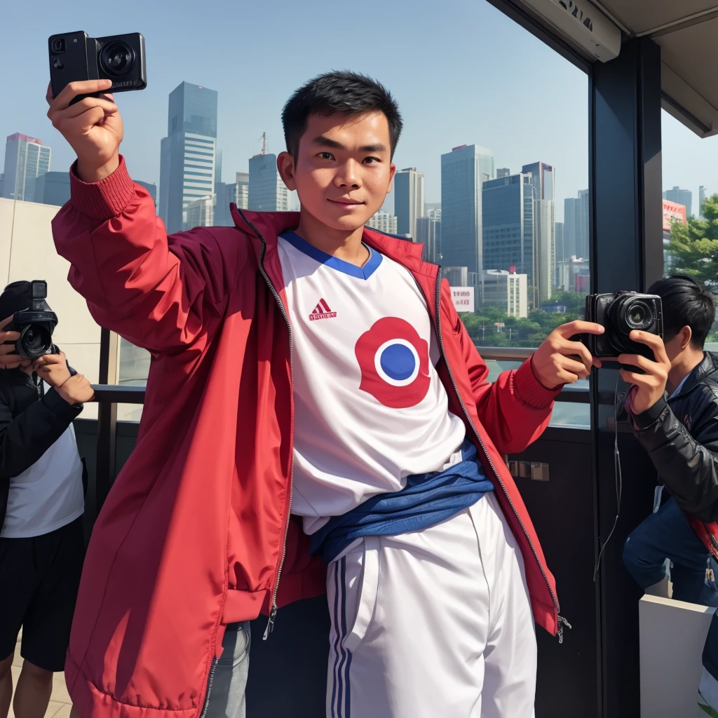 an Indonesian man taking photos in the Korean crowd, wearing a jacket and standing straight facing the camera. The photo was taken from the front position, the background is one of the cities in South Korea, the image looks like it was taken by a professional photographer.