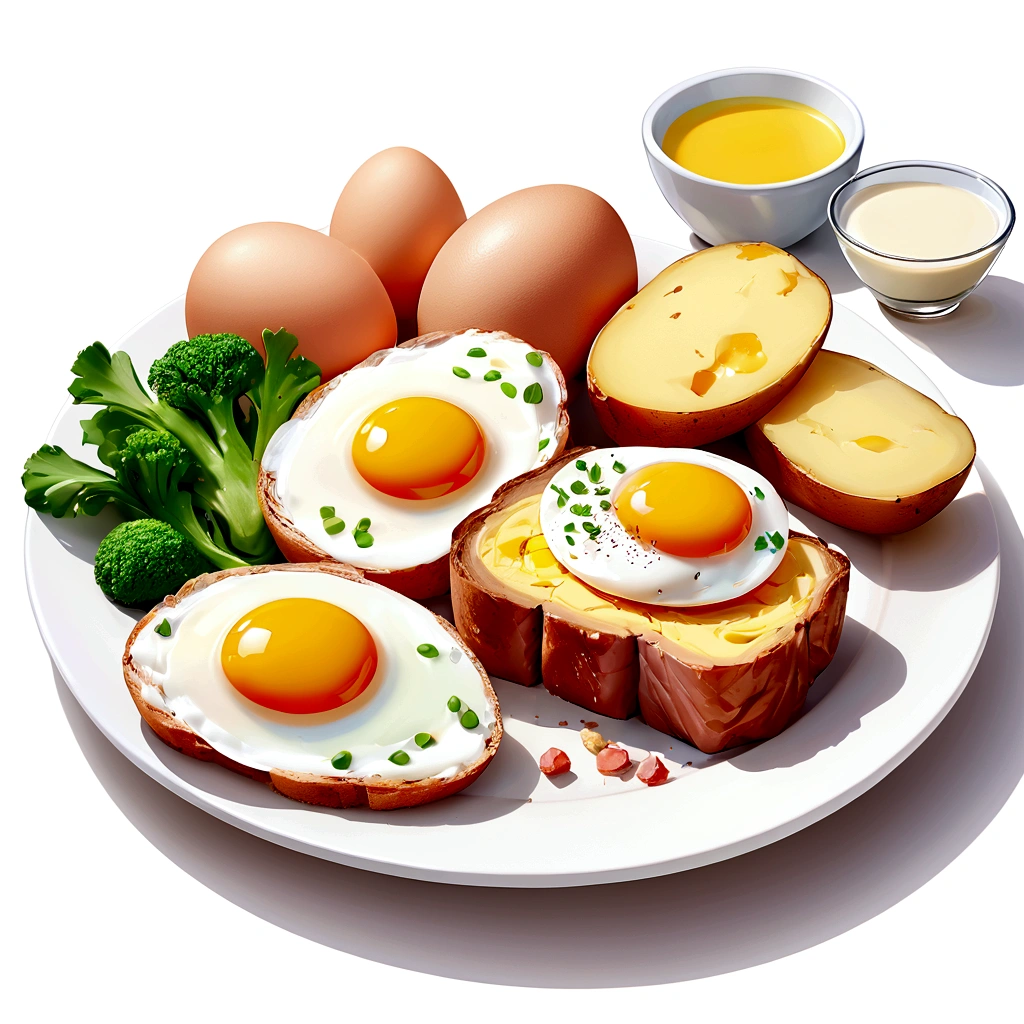 ((best quality)), ((masterpiece)), (detailed), loose water color style, minimalist, create a picture of healthy food on a plate. The food consist of, Eggs, bread, potatoes, glass of milk, meat, chicken meat, some vegetables, against brilliant white background, 8k, high resolution, vibrant color, isolated white