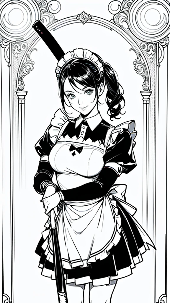 (masterpiece:1.2, Highest quality),(Line art),(Monochrome),(Very detailed),8K,wallpaper,1 female,Cute face,smile,((Maid in a maid café)),((betterhand)),Random hairstyle,Random pose,Beautiful female hands,((lineart, monochrome)),BREAK(((maid cafe))),(((swinging the baseball bat))),((a girl in gothic costume standing))